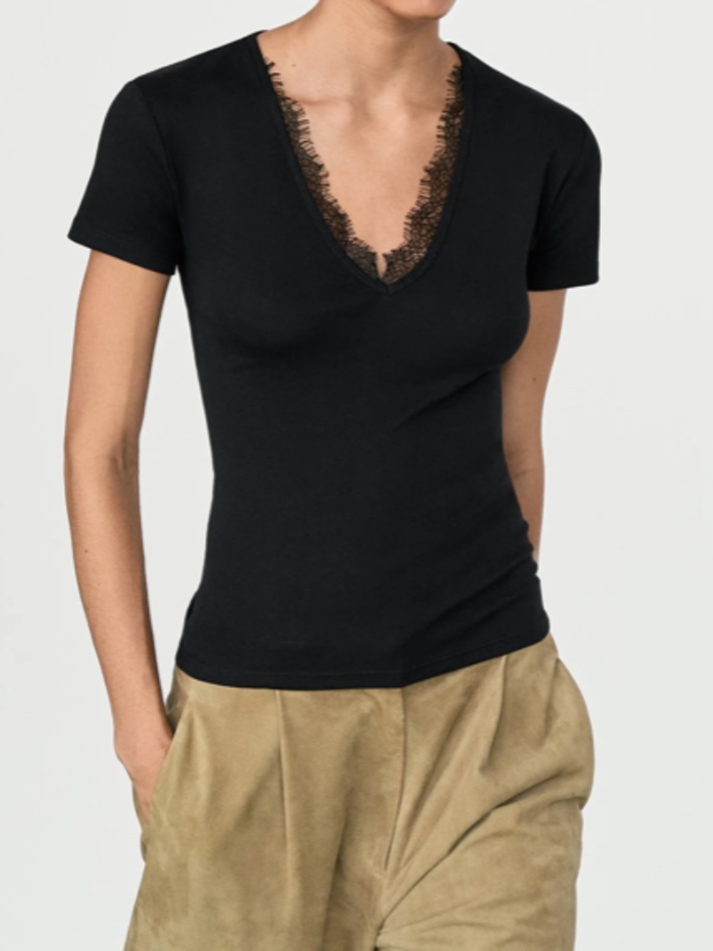 Massimo Dutti Lace-detail V-neck T-shirt